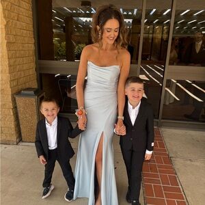 Blue Strapless Ruched Gown with Slit